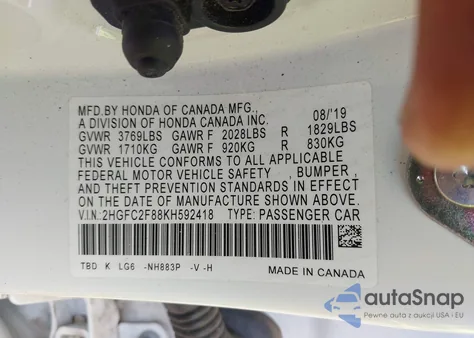 2019 Honda Civic Sport из США, поврежденный, VIN 2HGFC2F88KH592418